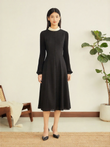 Winter French Style Tweed Textured Contrasting Color Mandarin Collar Dress