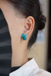 Original Design Butterfly Dream Ear Rings Ancient Style Cyan Blue Peacock Feather Butterfly Pattern for Cheongsam Hanfu Womens Fashion Jewelry
