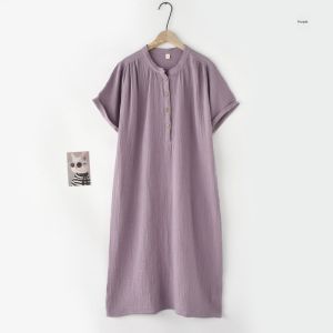 Japanese Crepe Nightdress Womens Summer Washed Pure Cotton Gauze Thin Loose Short Sleeve Home Wear Pajamas Skirts