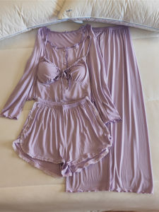 ชุดนอนผู้หญิงแขนยาวผ้าโมดอลคอวี ชุดนอนผู้หญิงฤดูใบไม้ผลิและฤดูใบไม้ร่วง ชุดนอนผู้หญิงสไตล์เกาหลี ชุดนอนผู้หญิงแบบมีแผ่นรองหน้าอก ชุดนอนผู้หญิงสี่ชิ้น