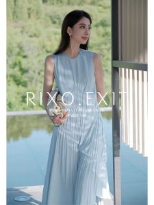 RIXO EXIT French Minimalist Feng Shui Blue Sleeveless Pleated Dress round Neck Vest Long Dress Womens Summer High Waist A-Line Skirt