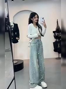 2024 Fall New Fashion Trendy Loose Slimming and All-Matching Pearl Beaded Design Wide Leg Denim Trousers for Women