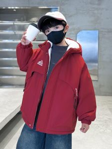 เสื้อแจ็คเก็ตผ้าฝ้ายฤดูหนาวสำหรับเด็กชาย สีแดง แจ็คเก็ตกันหนาวแบบหลวมๆ อบอุ่นสำหรับเด็กวัยกลางคนและโต แจ็คเก็ตแบบลำลองทันสมัย