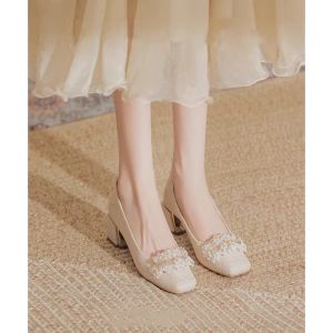 Champagne Colored Bridal Shoes with Bow Tie Square Head Chunky Heel Single Shoes for Women Daily Wear Bridesmaid Shoes