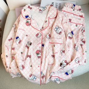 New 2026 Autumn Hello Kitty Pajama Set Anime Women Cute Cartoon Print Soft Sleepwear Long Sleeve Top and Pants Nightwear Suit