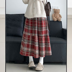 Blue High Waist A-Line Midi Plaid Woolen Skirt Womens Autumn Winter Vintage Style Cake Skirt Slimming Japanese Style