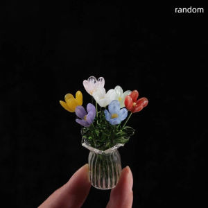 JETTING | ▶Mini Lifelike Glass Flowers Simulation Flowers Handcrafted Floral Sculpture Floral Bouquet With Vase Dollhouse Decorative Model