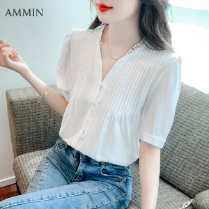 AMMIN เสื้อพลีทคอวีผู้หญิงผ้าชีฟ ถูกแขนพองสีขาวลูกไม้ฝรั่งเศสสง่างาม 2023