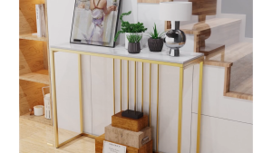 โต๊ะบาร์ โต๊ะยาววางของ โต๊ะโชว์ของ โต๊ะสไตล์นอร์ดิก หรูหรา โต๊ะขาสีทอง วางทีวี ประหยัดพื้นที่