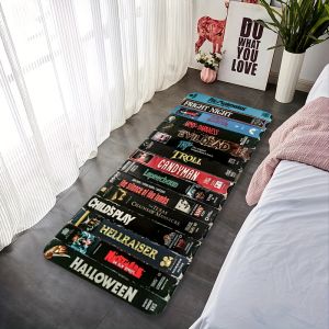 Horror Movie Theme Mat with Iconic Film Titles Halloween Machine Washable Carpet for Home Theater Living Room Ktichen Home Decor