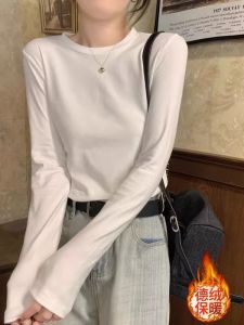 Double-Sided Fleece Long Sleeve round Neck Base Shirt Womens Slim Fit Warm T-Shirt Inner Wear White Korean Style Commute Wind