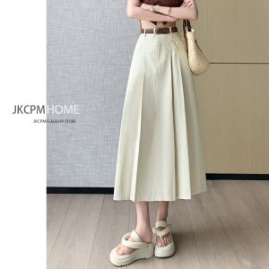 Apricot High Waist Pleated A- line Denim Skirt Womens Spring/Summer 2024 New Arrival Retro Small Mid-Length Slit Skirt