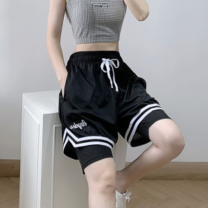 American Basketball Shorts Female Fake Two-Piece Student Sports Training Belt Lining Four Points Casual Running Sports Girls Middle Pants