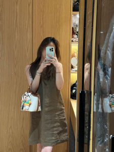 YUFUQING | Summer New Womens Vintage Lin Dress Holiday Style A-Line Skirt Loose Versatile High Waist Short Sleeveless Round Neck GZY3556