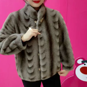 Eco-Friendly Mink Velvet Coat Ladies Stand Collar Faux Fur Integrated Leather And Fur Upper Body for Middle-Aged Women