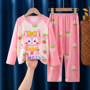 Girls Summer Thin Long Sleeve Sleepwear Two-Piece Set Cute Cartoon Boy Home Clothes Breathable Moisture-Wicking Polyester