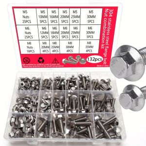 132-Piece Stainless Steel Hexagonal Flange Bolt and Nut Set M5/M6/M8 Suitable for Home Repairs and Industrial Equipment.