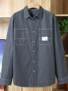 Comfortable Pure Cotton Mens Shirt Casual Loose Long Sleeve Striped Spring Autumn Workwear Leisure Shirt Black Grey Vertical Stripes