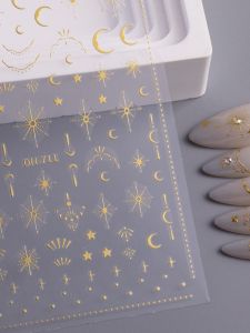 Bohemian Style Starry Sky Fashionable Adhesive Nail Art Stickers 3D Gold Foil Moon And Star Decals Easy to Apply And Remove