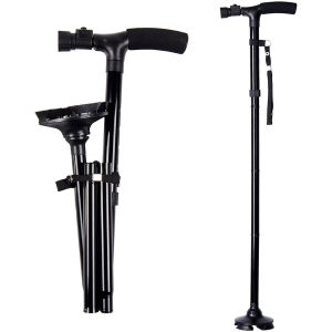 Folding Walking Cane Men and Women Adjustable Canes with LED Light and Pivoting Quad Base for Arthritis Disabled and Elderly