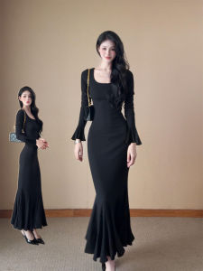 SUHUIQIAN | Black Slim-Fit Knit Fish-Tail Maxi Dress