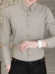 Áo Sơ Mi Nam Dài Tay Thoải Mái Áo Sơ Mi Sọc Mùa Xuân Mùa Thu Phong Cách Doanh Nhân Mới Ôm Vừa Vặn Trẻ Trung Thời Trang Polyester Áo Sơ Mi Pha Trộn
