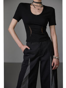 เสื้อยืดแขนสั้นเอวเข้ารูป X Illusion สำหรับผู้หญิง ฤดูใบไม้ผลิ 2024 เสื้อยืดคอวีทรงเข้ารูป แขนสั้น ทรงปกติ