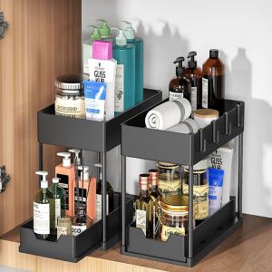 2-Tier Under Sink Cabinet Organizer with Pull Out Sliding Storage Drawer Under Sink Stackable Shelf for KitchenBathroom