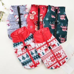 New Year Pet Coat For Christmas Deer Print Dog Jacket With D-ring Waterproof Pets Costume For Small Medium Dogs Bulldog Clothes