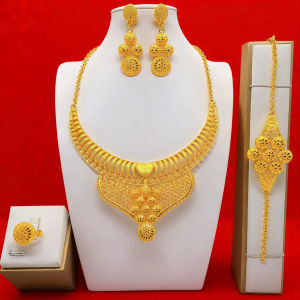 Retro Gold Four-Piece Set Jewelry Necklace Bracelet Earrings Ring Set Dubai Royal Jewelry Alloy Pendant Fresh out Celebrity Non-Same