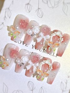 Handmade Wear Nail 2024 Summer Nude Pink Gradient Gentle White Butterfly Rose Bridal Manicure Mid Length Long Length