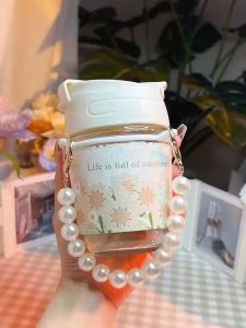 Cute Kawaii Water Bottle 2 Drinking Styles Glass Water Bottle with Straw Girl Woman Fashion Leakproof Cup with Chain 350ml