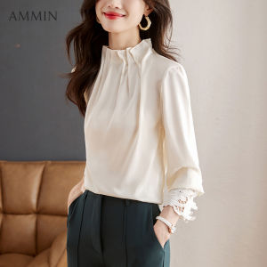 AMMIN 2023 Autumn new fashion draw pleated round neck sweet embroidery cut-out lace patchwork long sleeve commuter chiffon shirt womens Korean version style simple solid color vintage ruffled elegant blouse