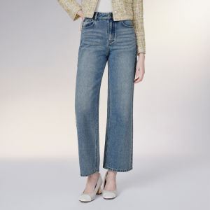 TAMMY TANGS | กางเกงยีนส์ทรงหลวมเอวสูงผ้าฝ้ายแท้สีน้ำเงินคริสตัลตกแต่ง ทรงตรง ทรงหลวม กางเกงยีนส์แฟชั่นสำหรับผู้หญิง