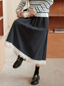Miu Style Lace Patchwork Elastic Waist A-Line Skirt Womens Autumn 2025 New High Waist School Girl Wind Midi Skirt