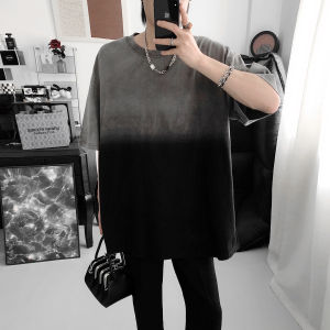 Mr. Fu De Red Gradient Letter Print Short Sleeve T-Shirt Mens Summer New Trend Loose Handsome Half Sleeve Fashion T