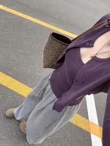 Áo Ba Lỗ Dây Màu Tím Phong Cách Hàn Quốc Cho Nữ Áo Len Cardigan Ngắn Tay Dài Mùa Xuân Thu Áo Lót Dài Tay Bộ Hai Mảnh