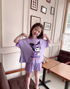 2pcs Sleepwear Terno Pajama Set 2-14year Kids Girls Baby Cute Kuromi Melody Cinnamoroll Lotso New Style Summer Pajama Cartoon Short Sleeves T-shirs and Shorts Home Sleepwear Ice Silk Elastic Nightwear Fashion