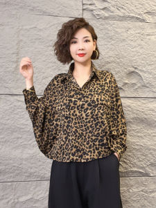 Spring Autumn Loose Large Size Leopard Print Shirt Fashionable Thin Long Sleeve Top for Mom Casual Style Regular Sleeve POLO Collar