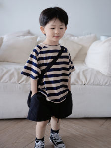 Summer Casual Striped Baby T-Shirt Childrens Loose Fit Short Sleeve Cotton Top for Boys And Girls Fashionable Korean Style
