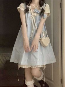 Sweet French Style Butterfly Knot Embroidered Dress With Waist Tie Summer Cute Female Waistline Doll Dress Set