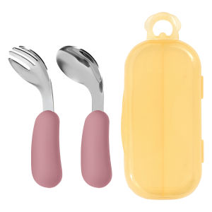 2PCS Food Grade Silicone Baby Feeding Set Stainless Steel Spoon Fork BPA Free Toddler Utensils Non Slip Grip Children Tableware
