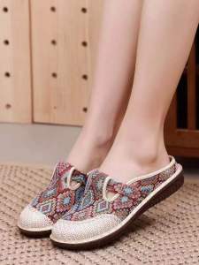 Beijing Style Embroidered Cotton Slippers Womens Slip-On Flat Heel Soft Bottom Casual Versatile Half Slippers Spring Autumn