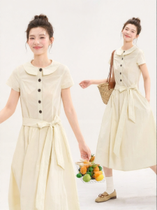 HTMEME | Peter Pan Collar Single Button Waist-Banded Dress