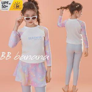 Sun Protection Long Sleeve Swimming Suit for Middle School Girls Thermal Spa Suitable Conservative Belly Covering Teenage Swimwear