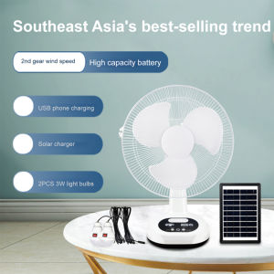 🚚 บริการจัดส่งในพื้นท้อง🚚พัดลมพลังงานแสงอาทิตย์ไฟฟ้ากระแสตรงแบบชาร์จไฟได้พัดลมโต๊ะไฟฟ้าชาร์จ USB ได้12นิ้วพัดลมทำความเย็นตั้งโต๊ะ2สปีดพร้อมโคมไฟ2ดวงสำหรับการตั้งแคมป์กลางแจ้งในบ้าน