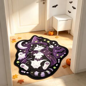 VIKAMA Irregular Wizard Cat Floor Mat Halloween Witch Cat Ghost Moon Non‑Slip Rug For Entryway Bedroom Holiday Home Decor