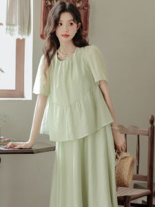 Bokaqi Summer 2025 Loose Fit Short Sleeve Splice Dress Womens Elegant Slimming Long Skirt Style Korean U-Neck A-Line Dress