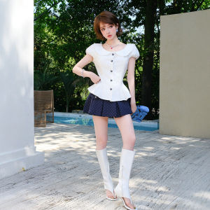 Sweet & Playful Lace Ruffle Collar Waist-Cinching Puffy Sleeves Blouse