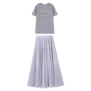 XIAOQIAOJIA | Fashionable Korean Style Two-Piece Set Casual Dress High Waist A-Line Skirt Short Sleeve Round Neck Summer Outfit Ensemble